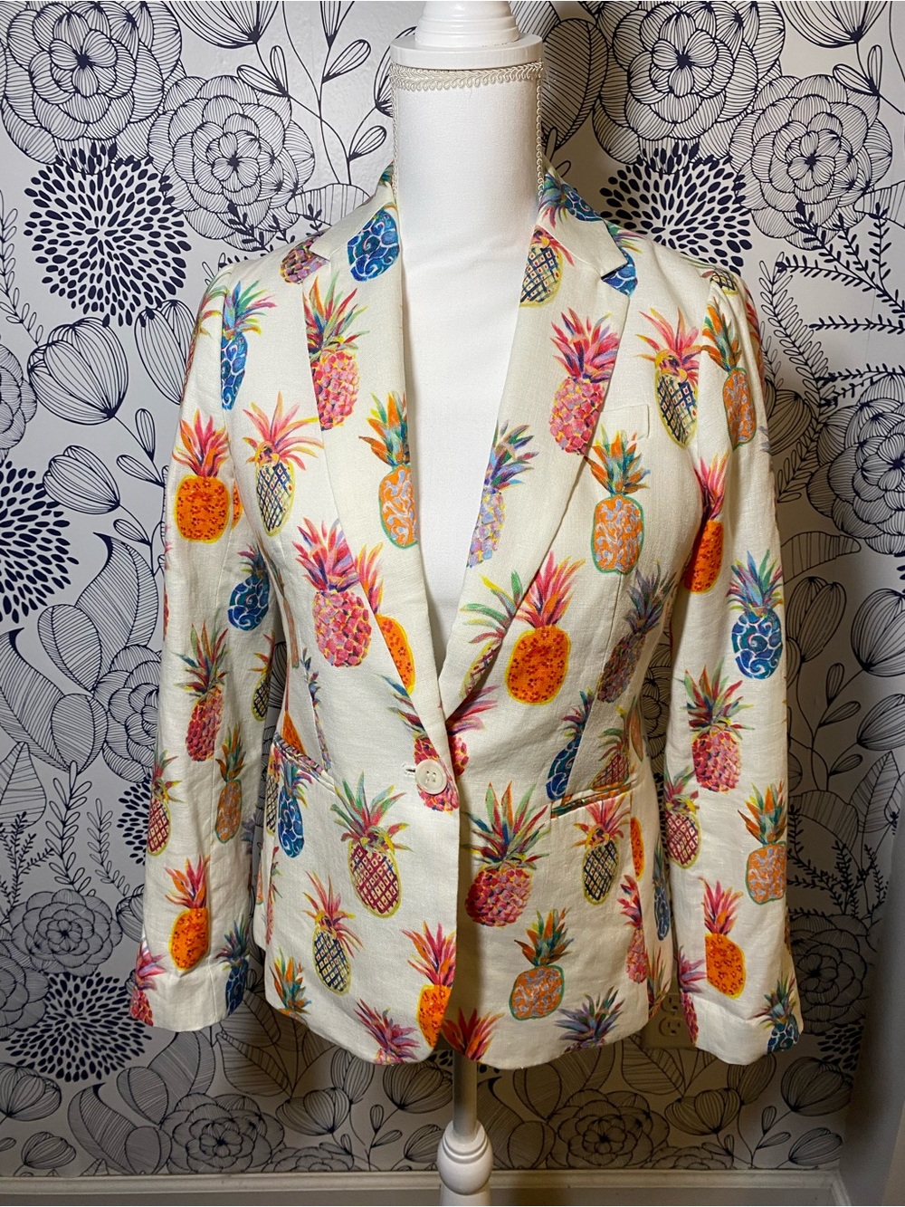 J. Crew Collection Campbell Linen Blazer Cream Pineapple Colorful Lined